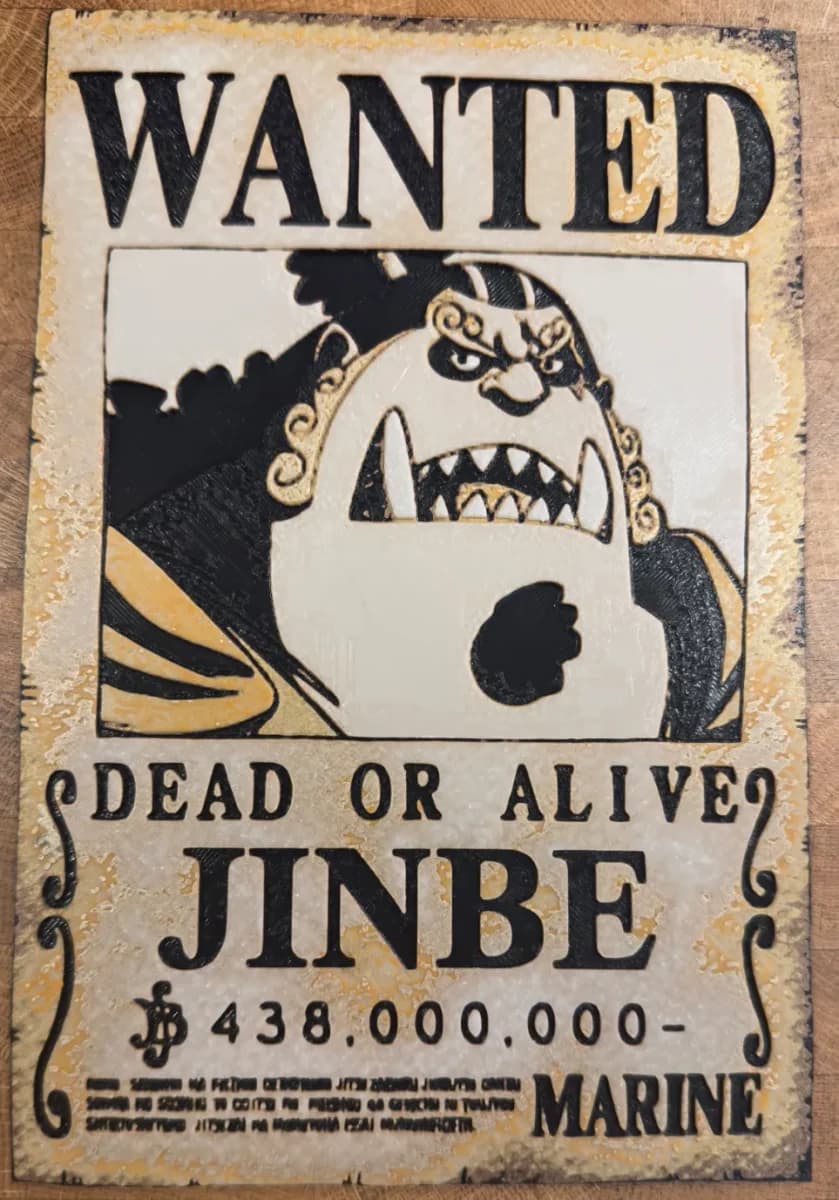 One Piece - Jinbe Wanted Poster by Pretty Okay Prints HueForge model: One Piece - Jinbe Wanted Poster by Pretty Okay Prints