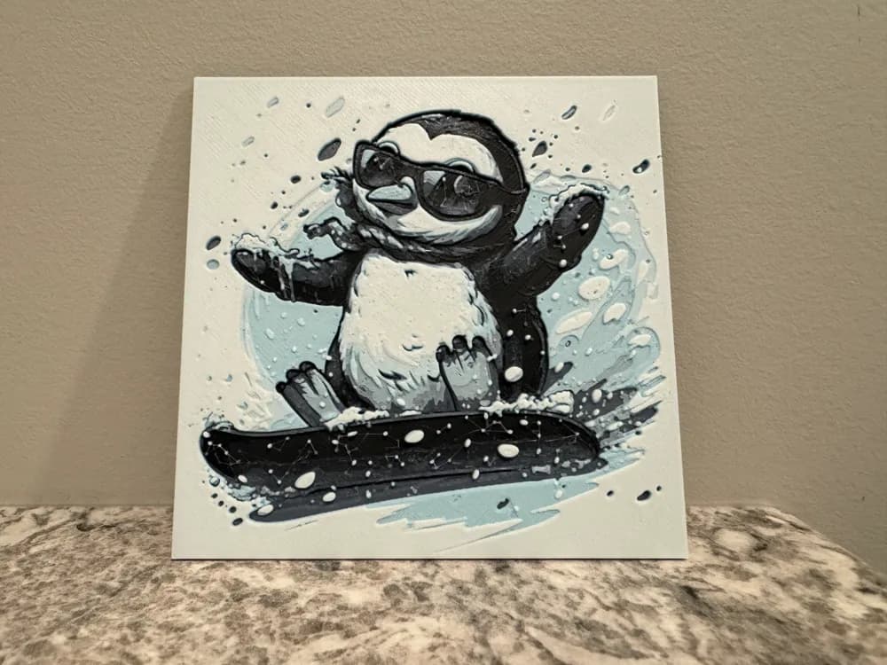 Penguin Snowboarding - Cute Animal Hueforge by Canadian Gamer HueForge model: Penguin Snowboarding - Cute Animal Hueforge by Canadian Gamer