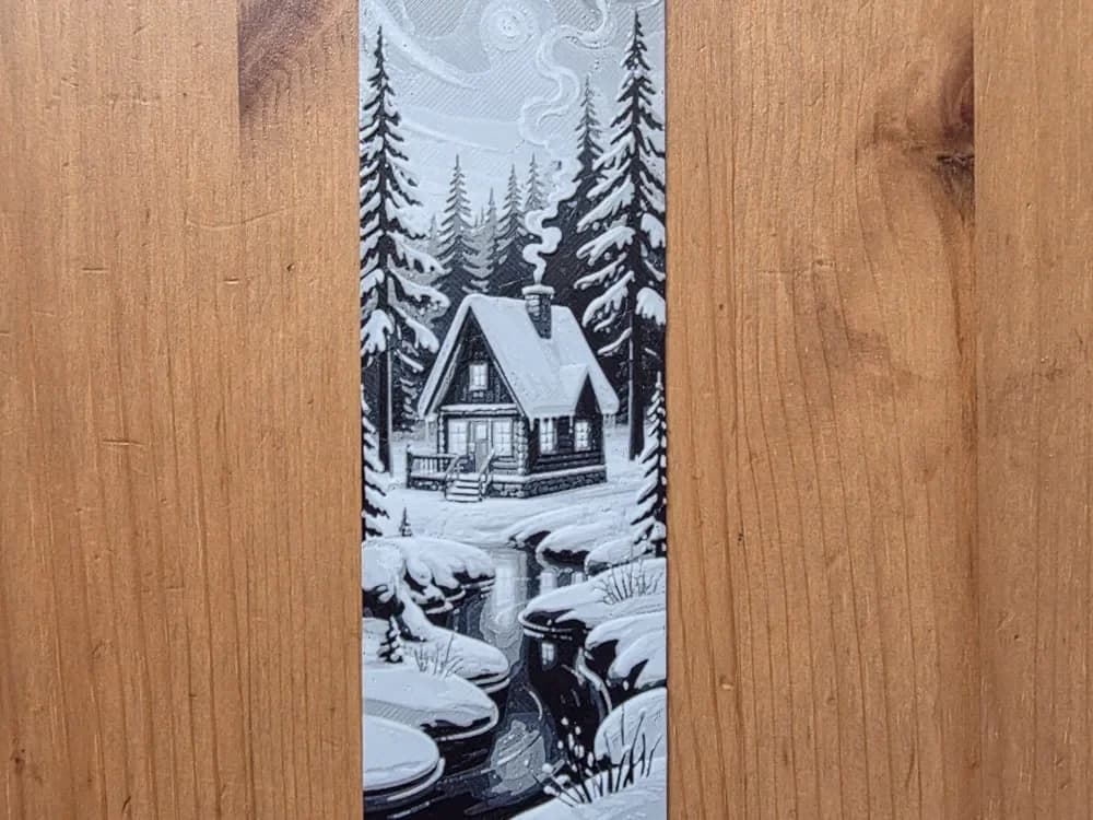 Snowy Cottage Bookmark by Morganja HueForge model: Snowy Cottage Bookmark by Morganja