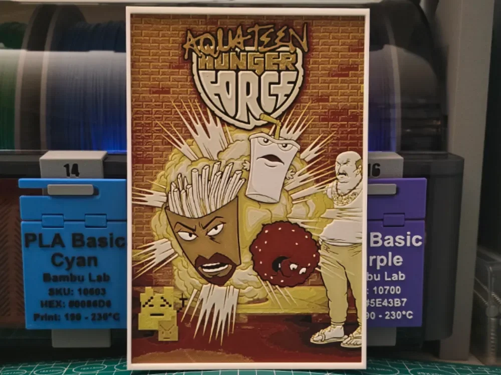 Aqua Teen Hunger Force Poster - Hueforge Art by Lumpy3D HueForge model: Aqua Teen Hunger Force Poster - Hueforge Art by Lumpy3D