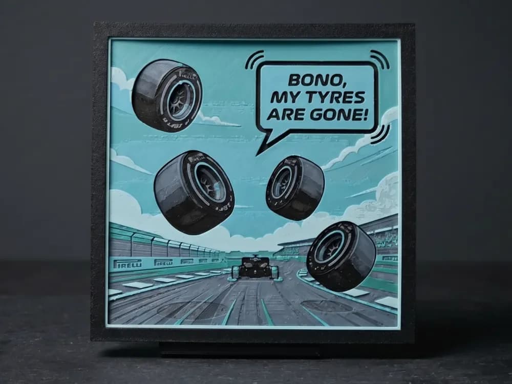 Bono, my tyres are gone - F1 Radio - Hueforge Bono, my tyres are gone - F1 Radio - Hueforge