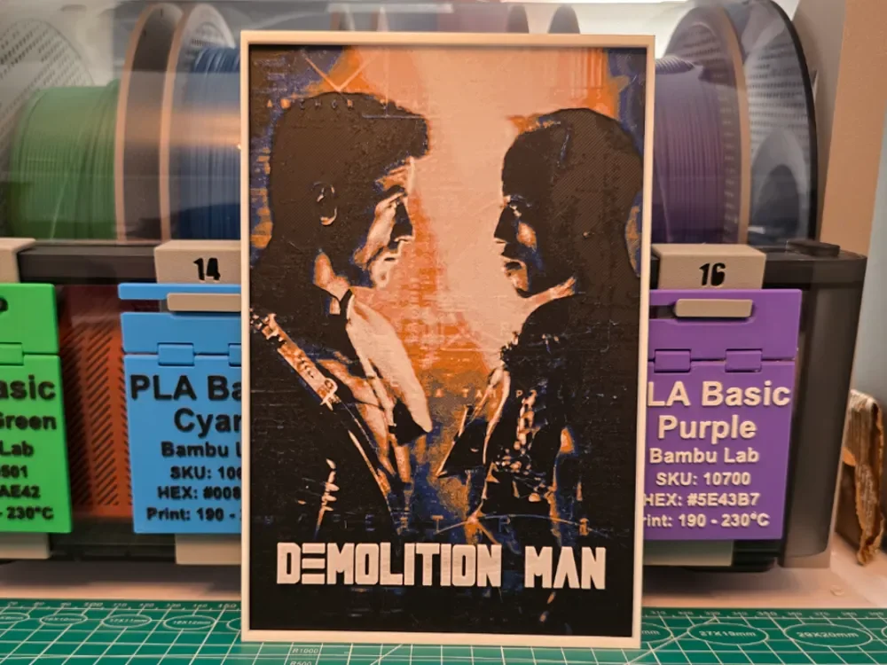 Demolition Man Movie Poster - Hueforge Art by Lumpy3D HueForge model: Demolition Man Movie Poster - Hueforge Art by Lumpy3D