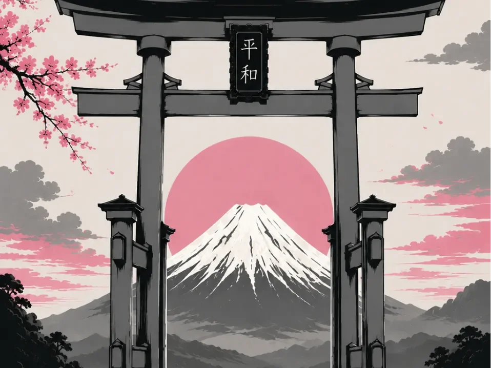 Japanese Tori, cherry blossoms, Mt Fuji Japanese Tori, cherry blossoms, Mt Fuji