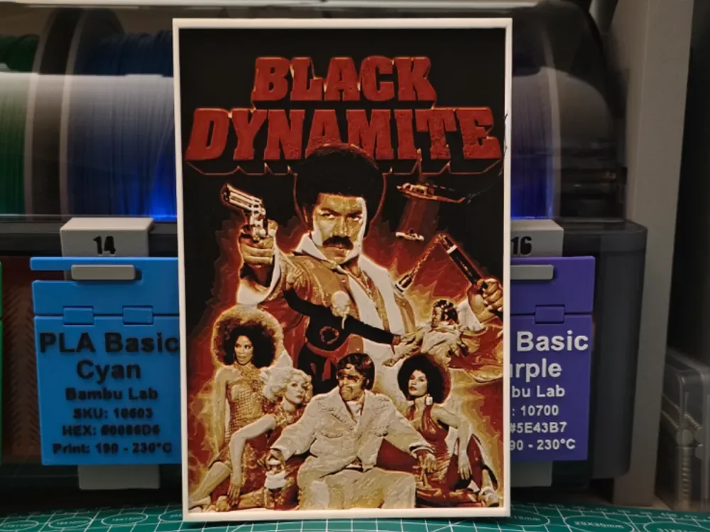 Black Dynamite Movie Poster - Hueforge Art by Lumpy3D HueForge model: Black Dynamite Movie Poster - Hueforge Art by Lumpy3D