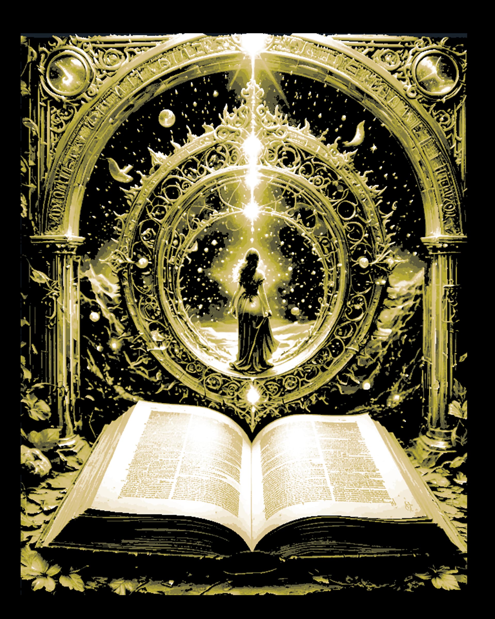 Religion, Life, Power and the Cosmos come through books - Wall Art Religion, Life, Power and the Cosmos come through books - Wall Art