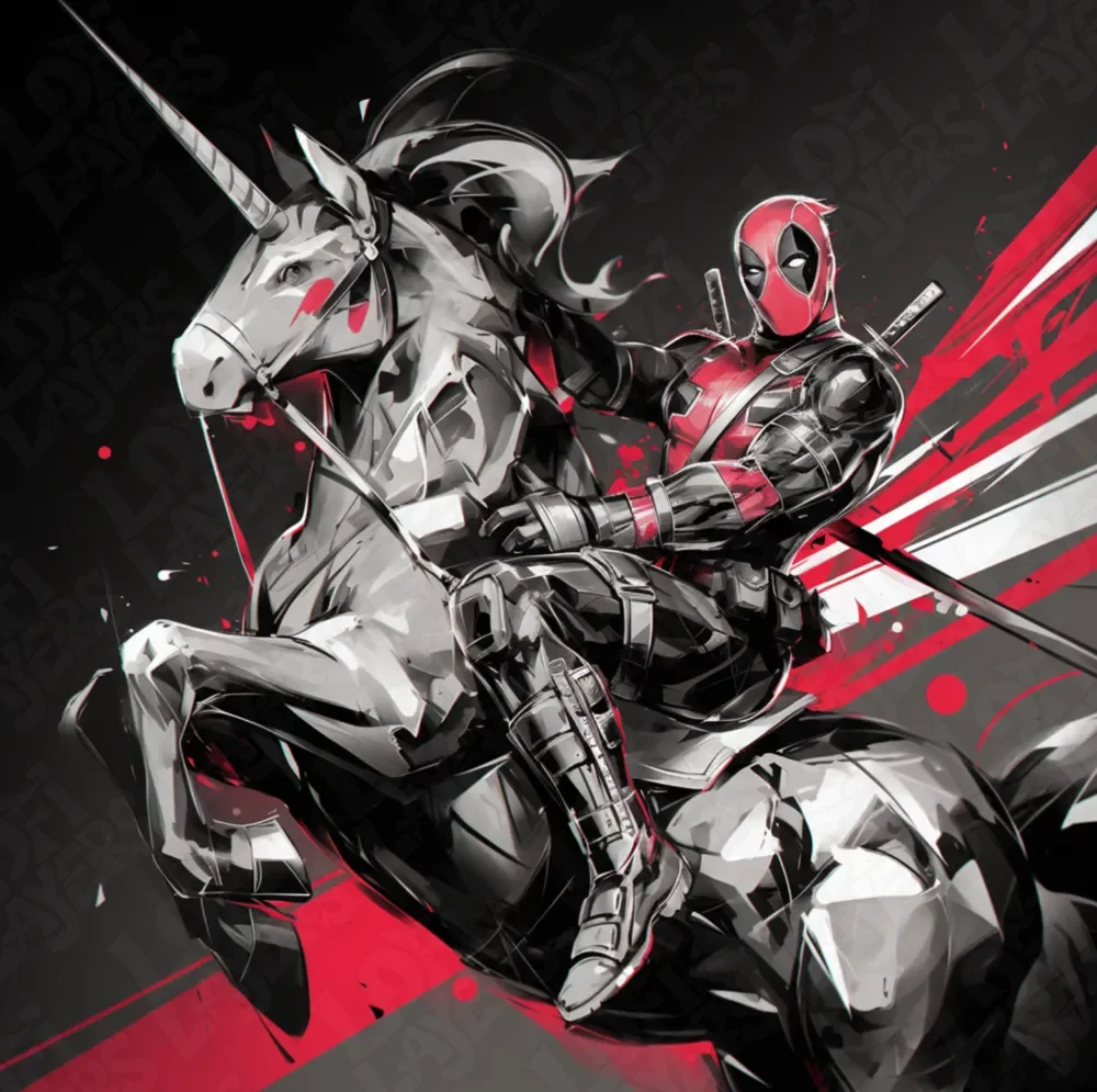 Deadpool on a Unicorn Hueforge by LoFi Layers HueForge model: Deadpool on a Unicorn Hueforge by LoFi Layers