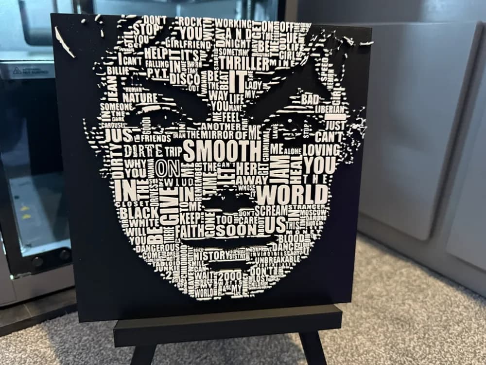 Michael Jackson Typo Portrait Legacy in Lyrics by Welsh Maker HueForge model: Michael Jackson Typo Portrait Legacy in Lyrics by Welsh Maker