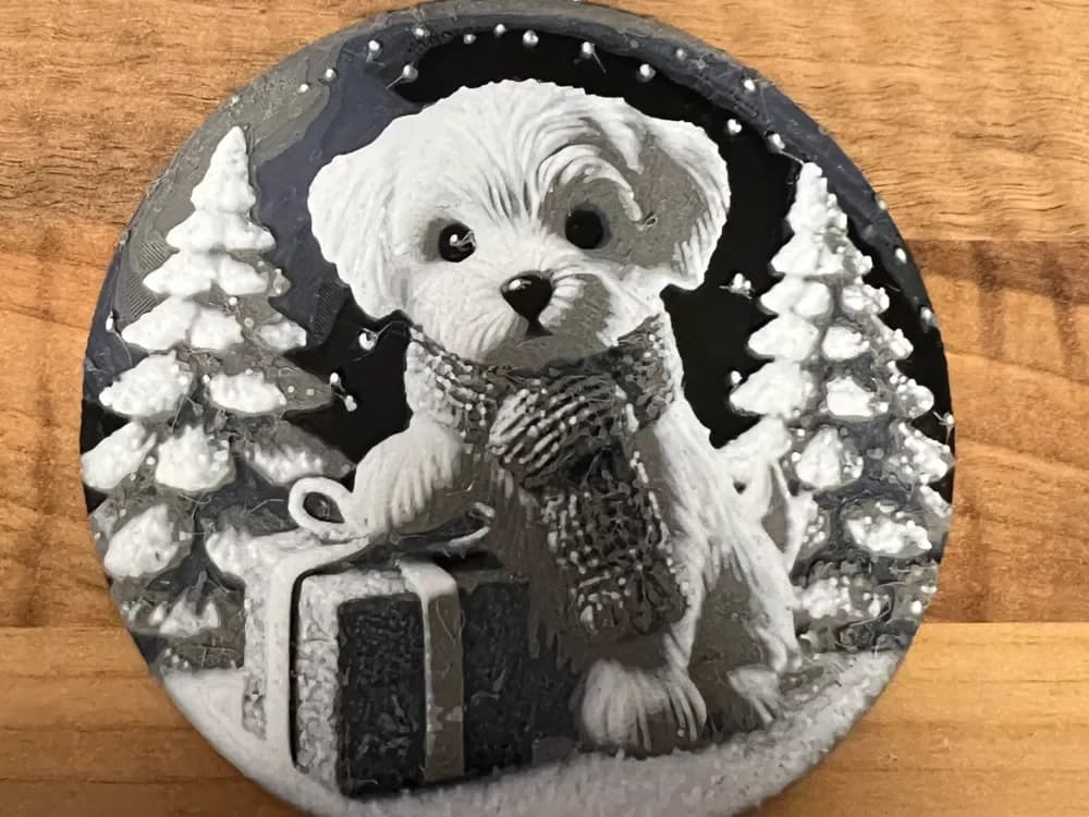 Puppy Christmas present Bauble or coaster by Leafy HueForge model: Puppy Christmas present Bauble or coaster by Leafy