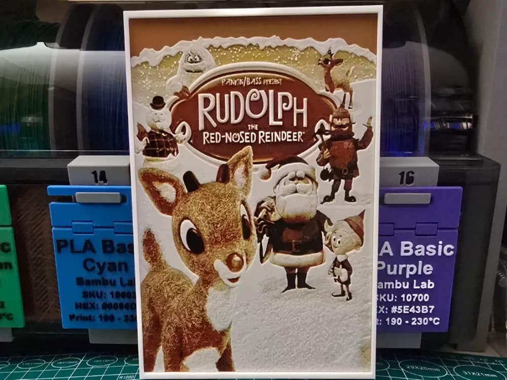 Rudolph the Red-Nosed Reindeer Poster - Hueforge by Lumpy3D HueForge model: Rudolph the Red-Nosed Reindeer Poster - Hueforge by Lumpy3D