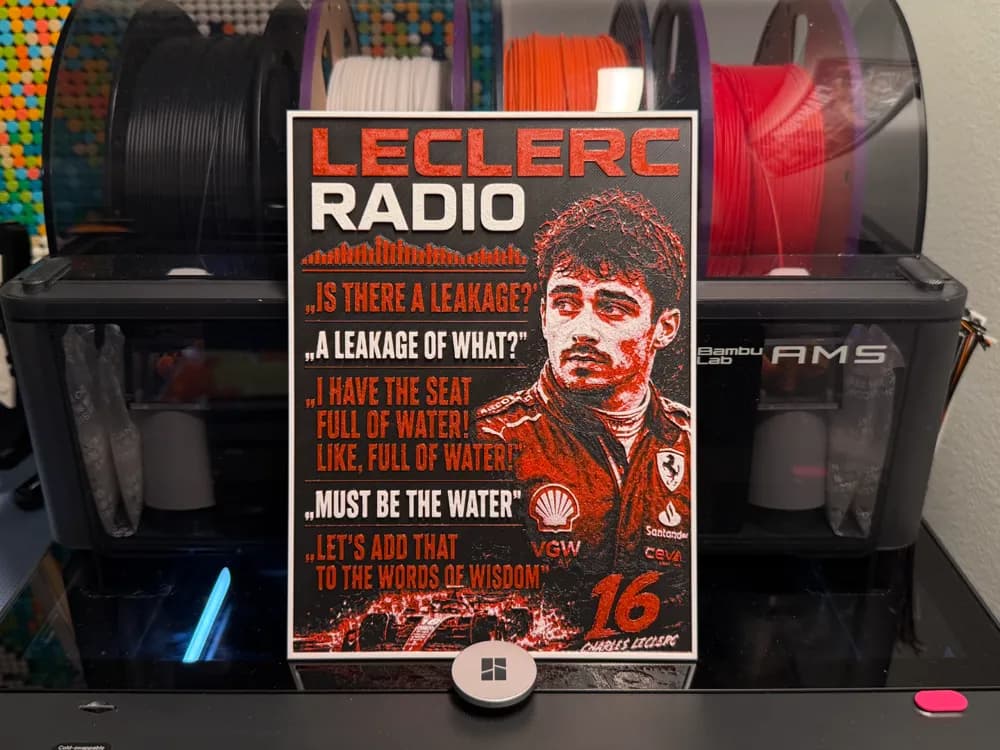 F1- Charles Leclerc "Is there a leakage?" HueForge by liv_3d HueForge model: F1- Charles Leclerc "Is there a leakage?" HueForge by liv_3d