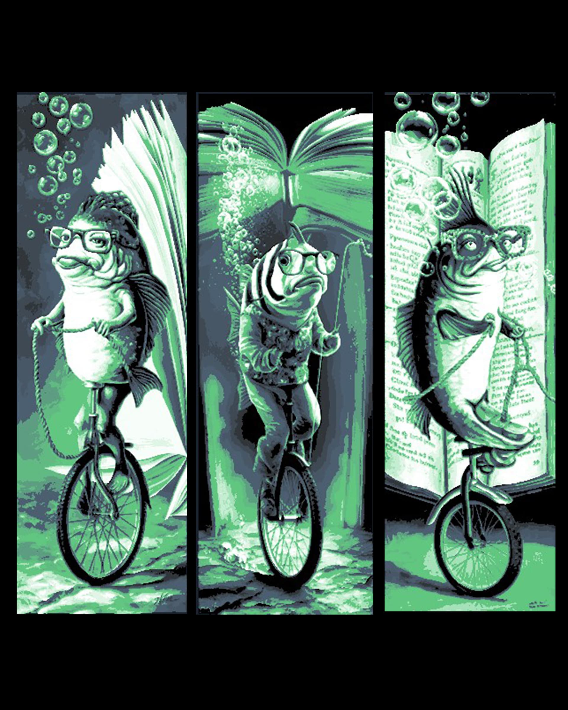 Funky Fish traveling the town on unicycles - Set of Bookmarks Funky Fish traveling the town on unicycles - Set of Bookmarks
