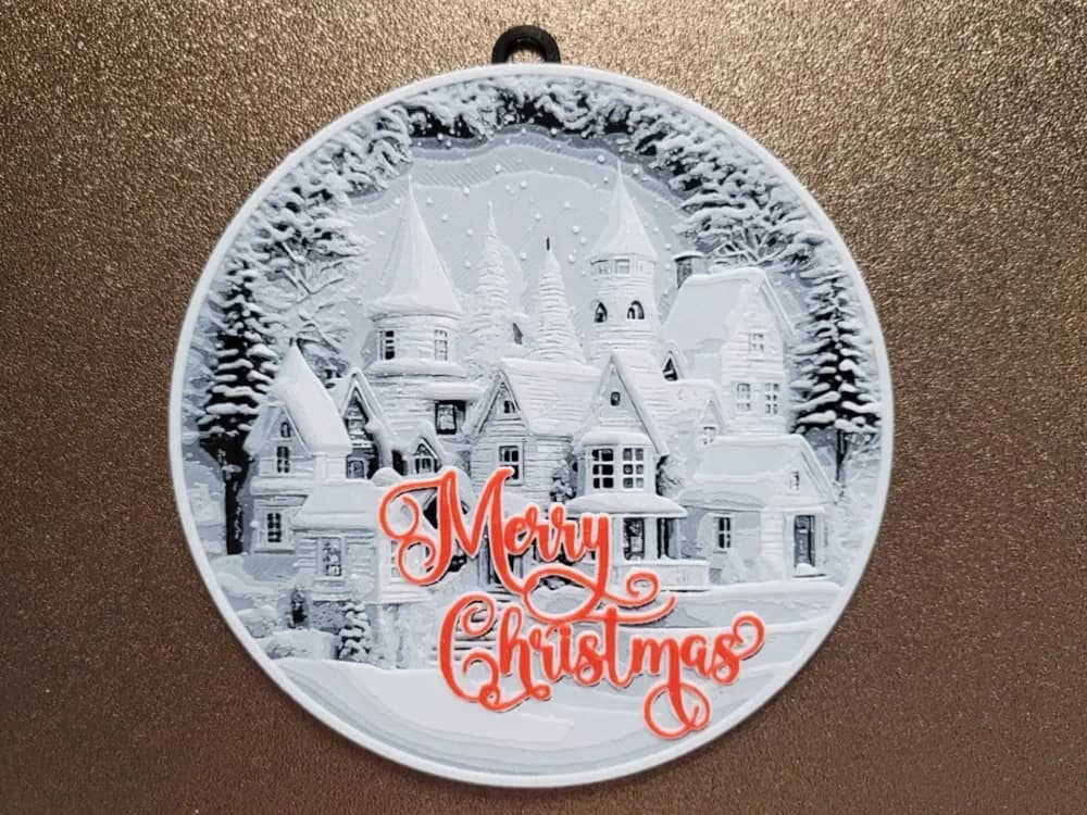 Snowy village - Christmas Ball decoration 120x120 by Vincent111 HueForge model: Snowy village - Christmas Ball decoration 120x120 by Vincent111