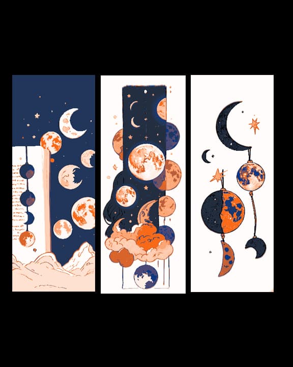 Cute Child Art depicting the Moon in different Phases and Different Styles - Set of 3 Bookmarks Cute Child Art depicting the Moon in different Phases and Different Styles - Set of 3 Bookmarks