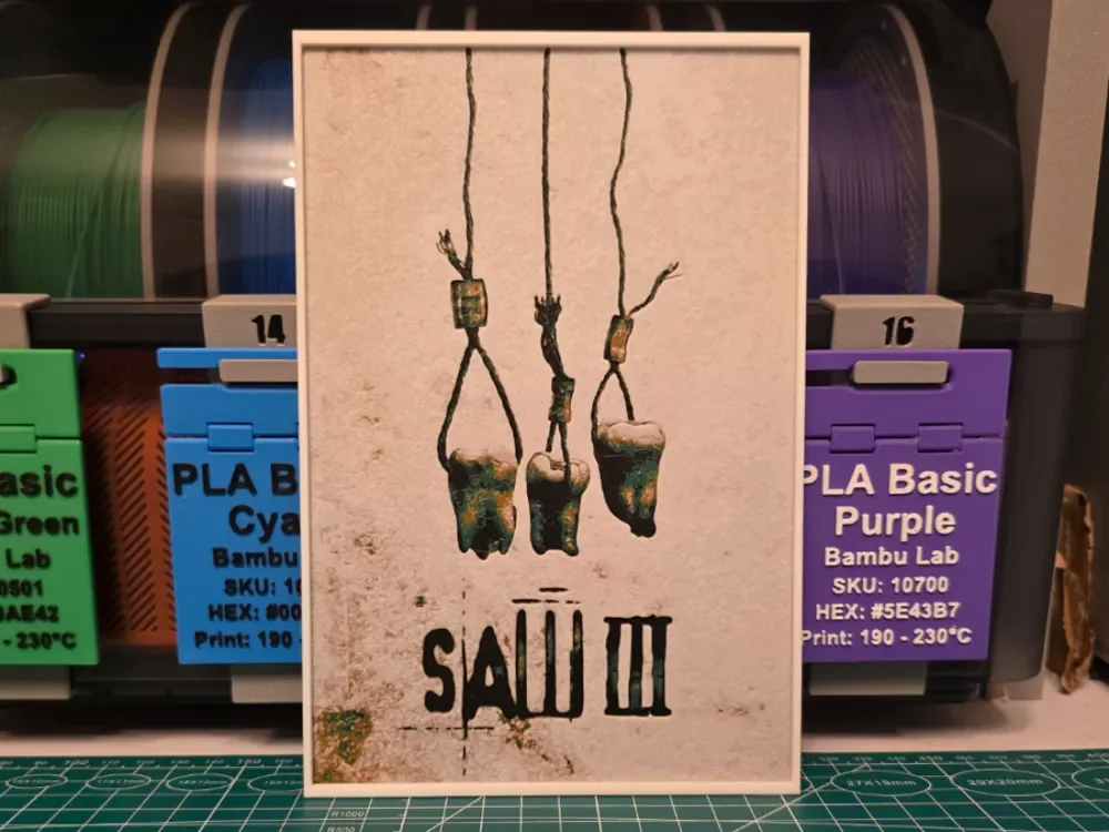 Saw III Movie Poster - Hueforge Art by Lumpy3D HueForge model: Saw III Movie Poster - Hueforge Art by Lumpy3D