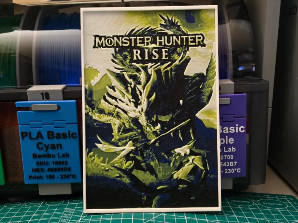 Monster Hunter: Rise Poster - Hueforge Art by Lumpy3D HueForge model: Monster Hunter: Rise Poster - Hueforge Art by Lumpy3D