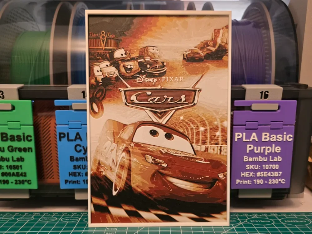Cars Movie Poster - Hueforge Art by Lumpy3D HueForge model: Cars Movie Poster - Hueforge Art by Lumpy3D