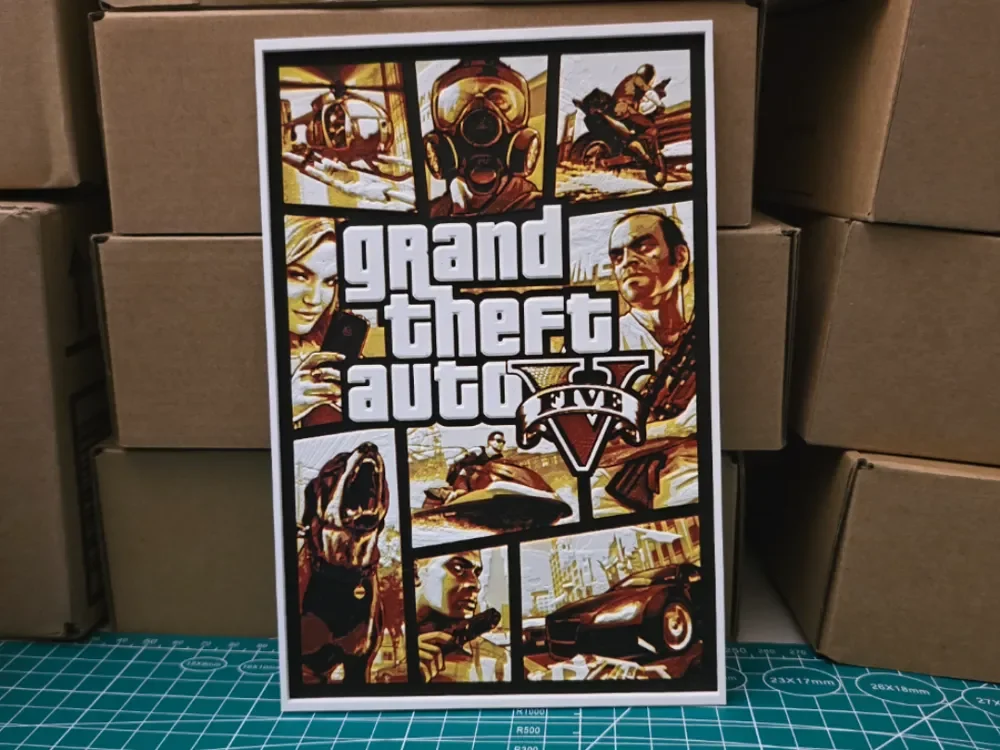 Grand Theft Auto 5 Poster - Hueforge Art by Lumpy3D HueForge model: Grand Theft Auto 5 Poster - Hueforge Art by Lumpy3D