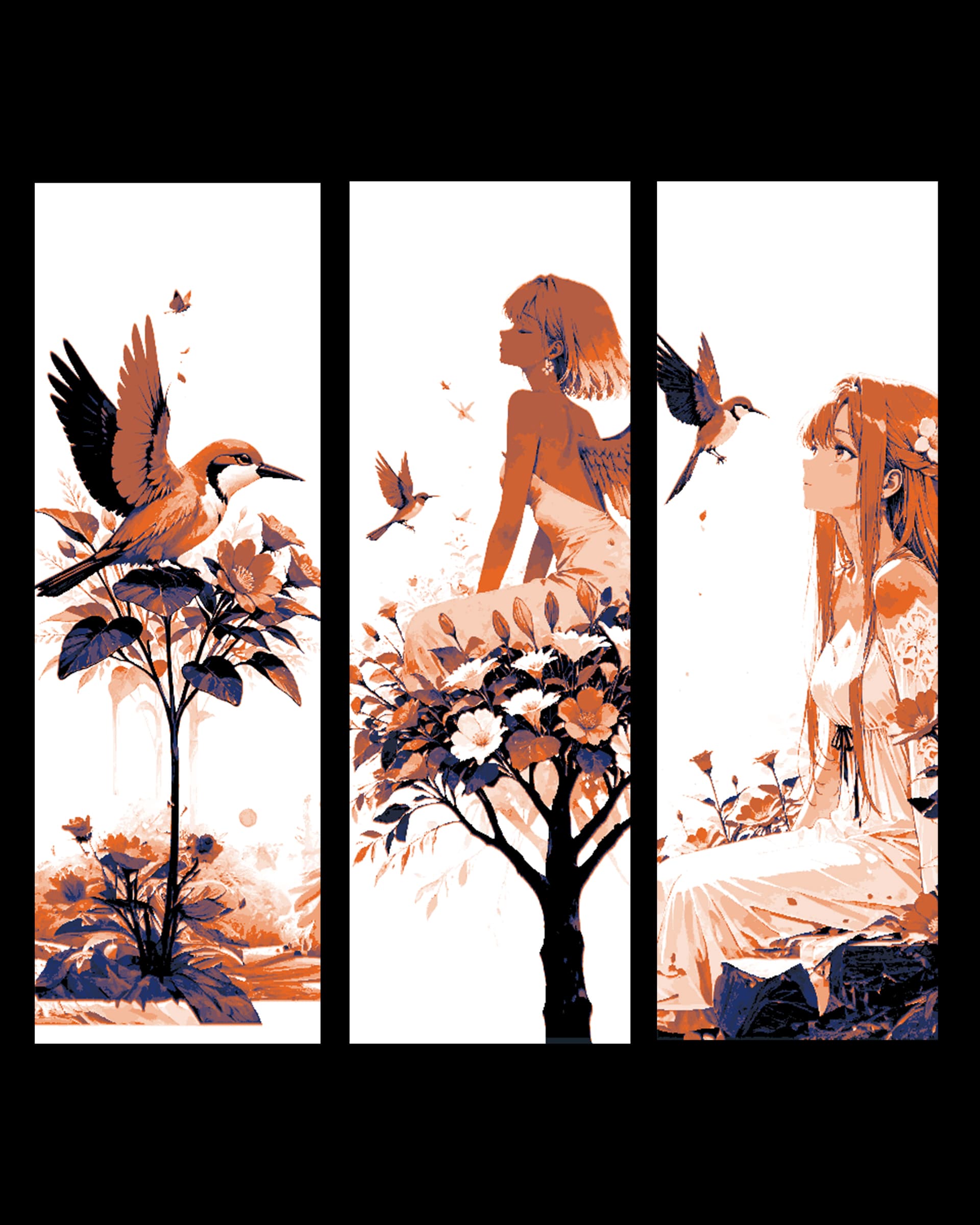 Simple designs of a girl and a bird - Anime style set of bookmarks Simple designs of a girl and a bird - Anime style set of bookmarks