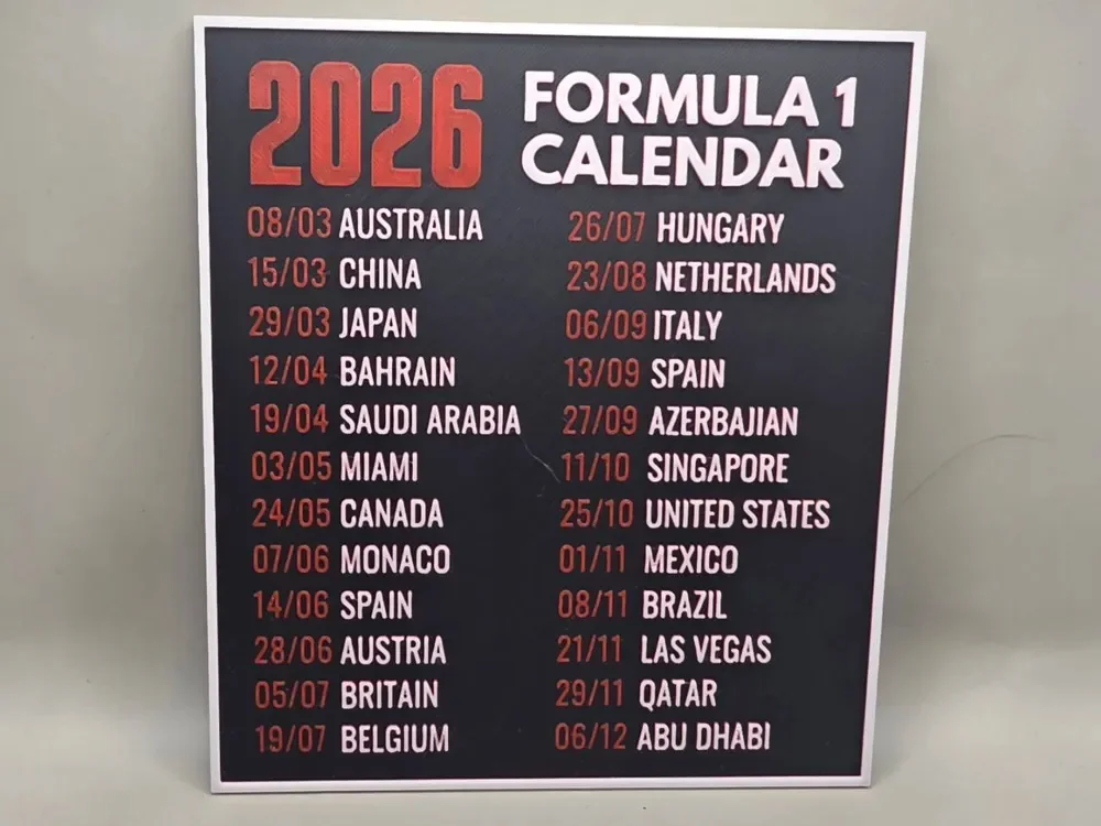 F1 Calendar 2026 - HueForge by keko HueForge model: F1 Calendar 2026 - HueForge by keko