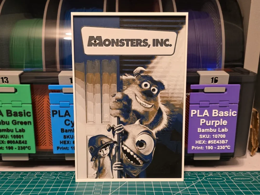 Monsters, Inc. Movie Poster - Hueforge Art by Lumpy3D HueForge model: Monsters, Inc. Movie Poster - Hueforge Art by Lumpy3D
