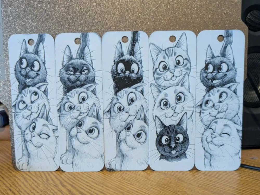 Crazy cat - set of 5 bookmarks - 2 colours by 3dGlow HueForge model: Crazy cat - set of 5 bookmarks - 2 colours by 3dGlow