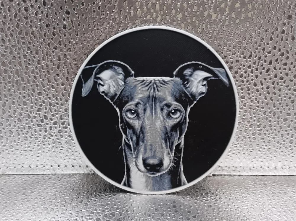 Greyhound Coaster – Hueforge by Borishotch Industries HueForge model: Greyhound Coaster – Hueforge by Borishotch Industries