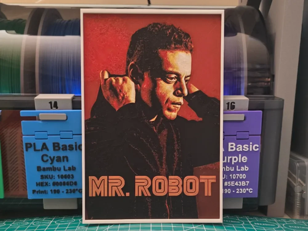 Mr. Robot Poster - Hueforge Art by Lumpy3D HueForge model: Mr. Robot Poster - Hueforge Art by Lumpy3D