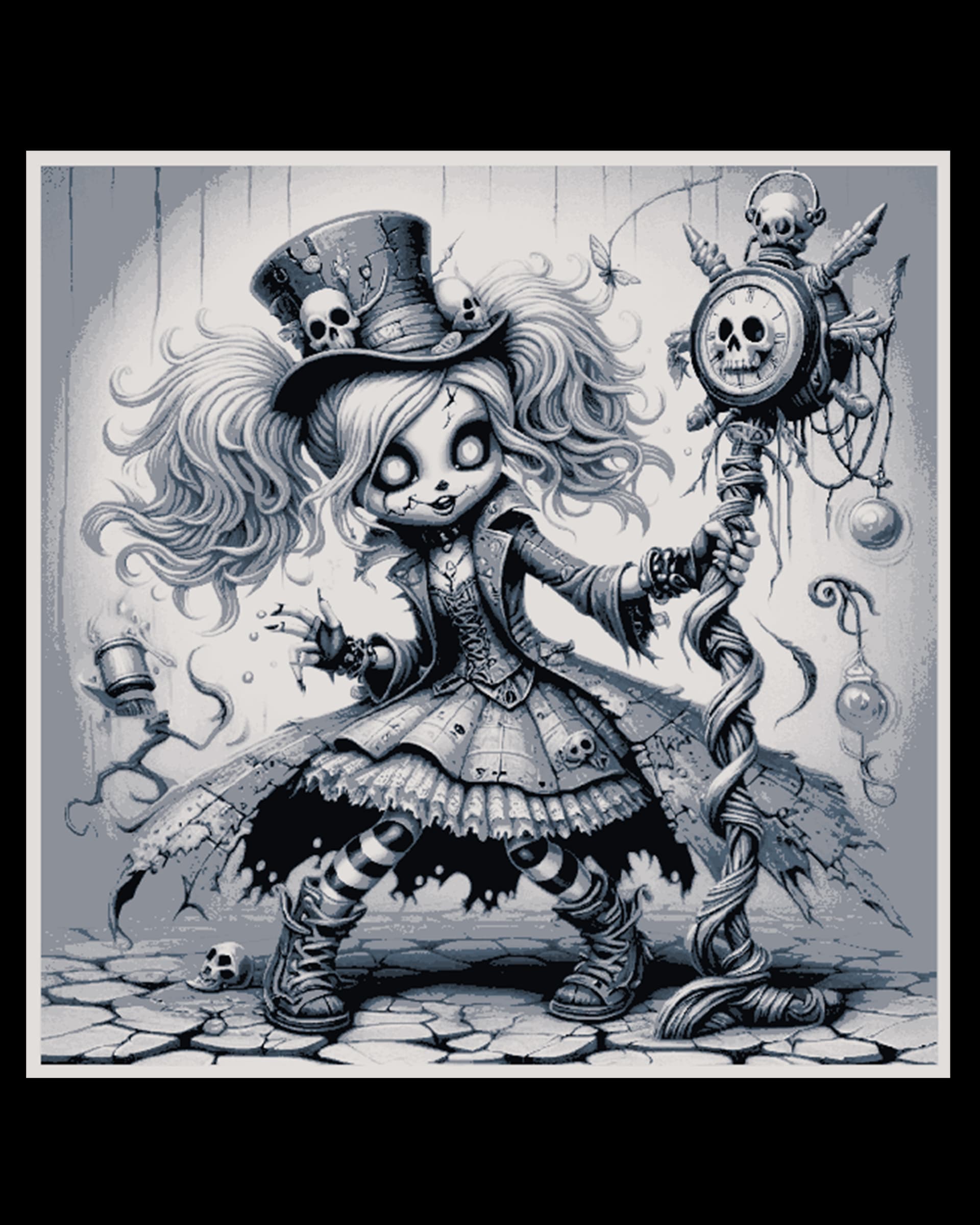 Black and white design of a slightly crazy playfull doll at work - hueforge art by BooneCo3d HueForge model: Black and white design of a slightly crazy playfull doll at work - hueforge art by BooneCo3d