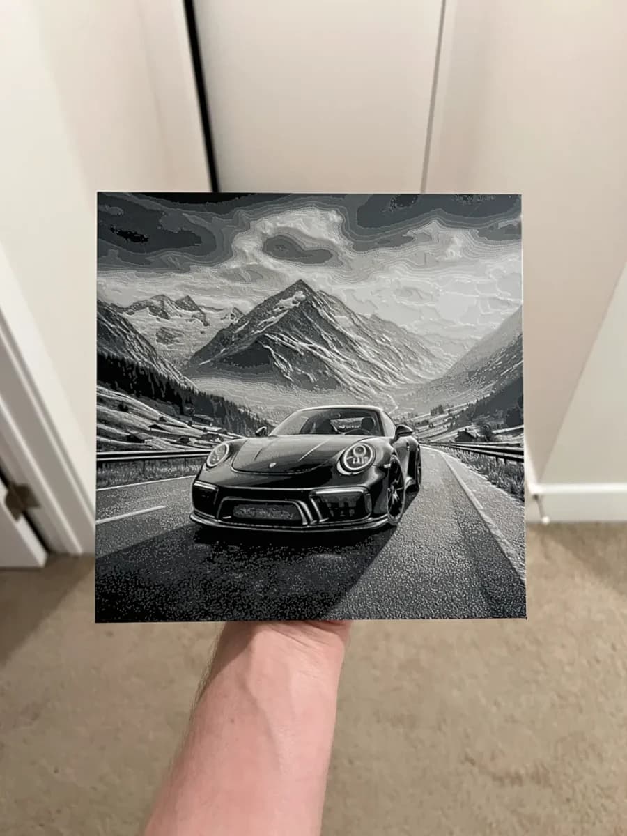 Porsche Driving through the Mountains Hueforge by RP47 Designs HueForge model: Porsche Driving through the Mountains Hueforge by RP47 Designs
