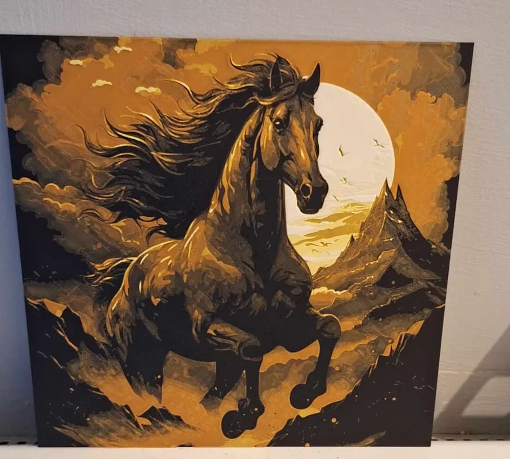 Sunset Horse - Hueforge 4 colours 20cm x 20cm by 3dGlow HueForge model: Sunset Horse - Hueforge 4 colours 20cm x 20cm by 3dGlow