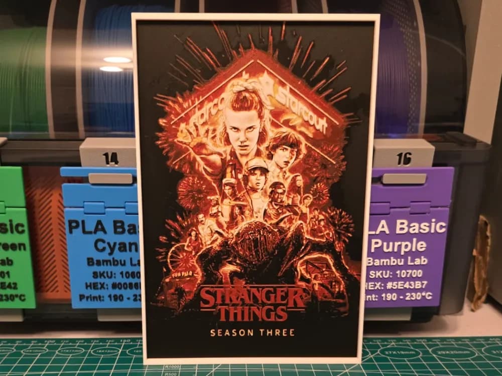 Stranger Things Season 3 Poster - Hueforge Art by Lumpy3D HueForge model: Stranger Things Season 3 Poster - Hueforge Art by Lumpy3D