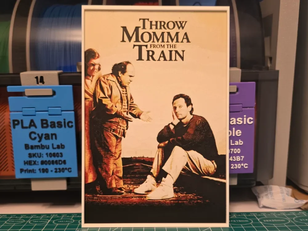 Throw Momma from the Train Movie Poster - Hueforge by Lumpy3D HueForge model: Throw Momma from the Train Movie Poster - Hueforge by Lumpy3D