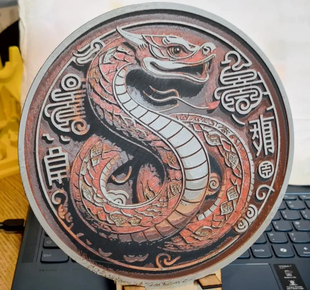 Year of the Snake 2025 v5 - hugeforge Red/bronze by 3dGlow HueForge model: Year of the Snake 2025 v5 - hugeforge Red/bronze by 3dGlow
