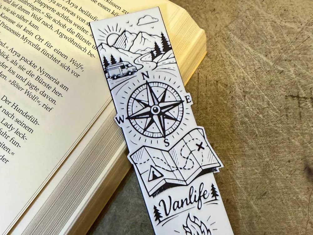 Vanlife Adventure Bookmark – Compass & Camping by Loupes HueForge model: Vanlife Adventure Bookmark – Compass & Camping by Loupes