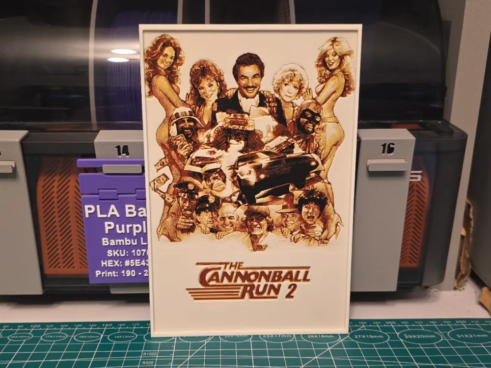 Cannonball Run II Movie Poster - Hueforge Art by Lumpy3D HueForge model: Cannonball Run II Movie Poster - Hueforge Art by Lumpy3D
