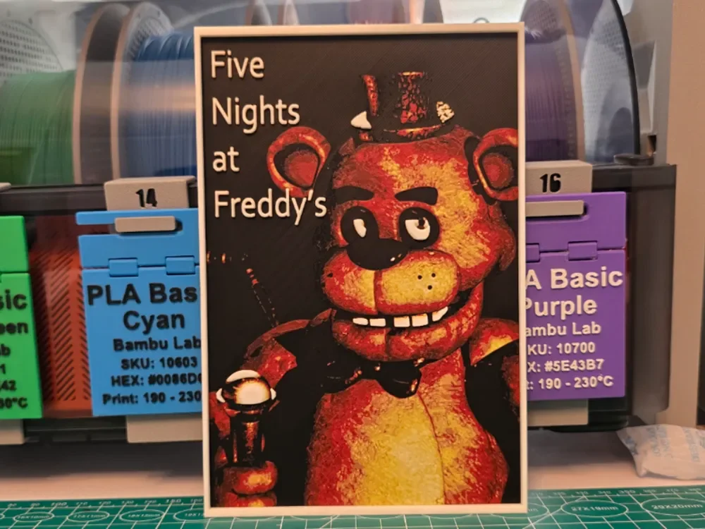 Five Nights at Freddy's Game Poster - Hueforge Art by Lumpy3D HueForge model: Five Nights at Freddy's Game Poster - Hueforge Art by Lumpy3D