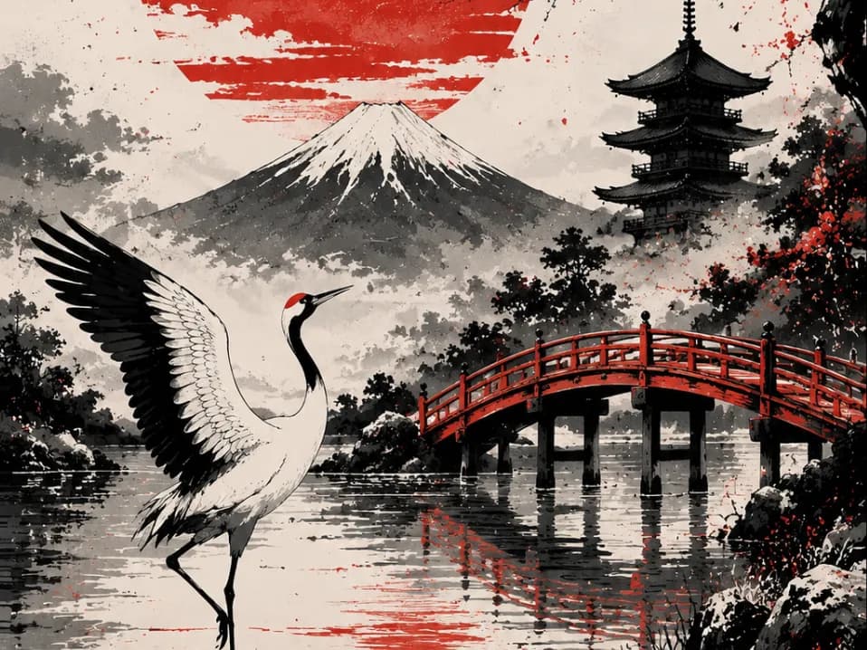 Stylized Japanese Crane / JAPAN / EASY PRINT Stylized Japanese Crane / JAPAN / EASY PRINT