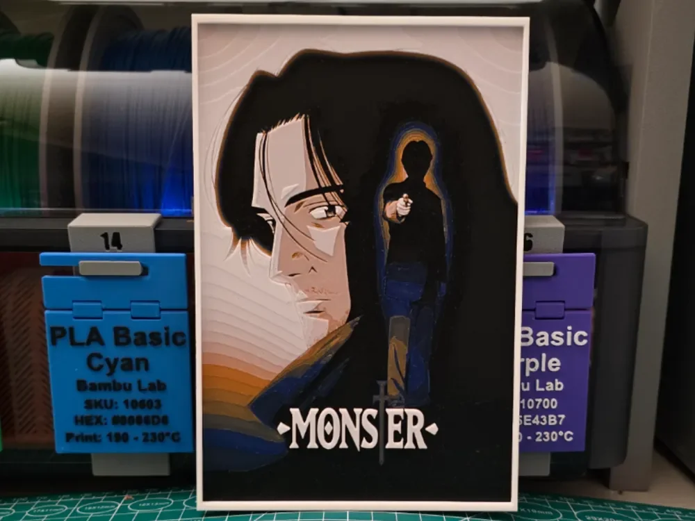 Monster Anime Poster - Hueforge Art by Lumpy3D HueForge model: Monster Anime Poster - Hueforge Art by Lumpy3D