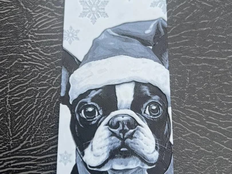 Boston terrier Christmas Santa hat snowy Bookmark by Leafy HueForge model: Boston terrier Christmas Santa hat snowy Bookmark by Leafy