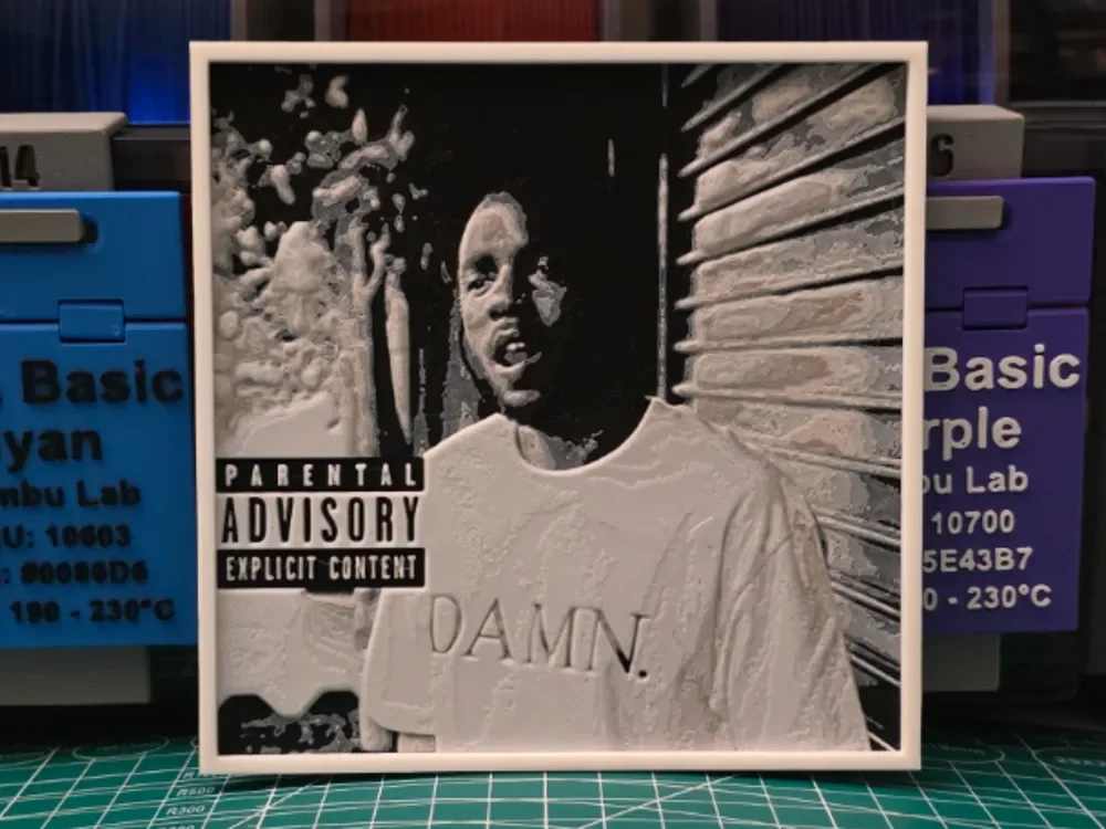 Kendrick Lamar "Damn." Album Poster - Hueforge Art by Lumpy3D HueForge model: Kendrick Lamar "Damn." Album Poster - Hueforge Art by Lumpy3D