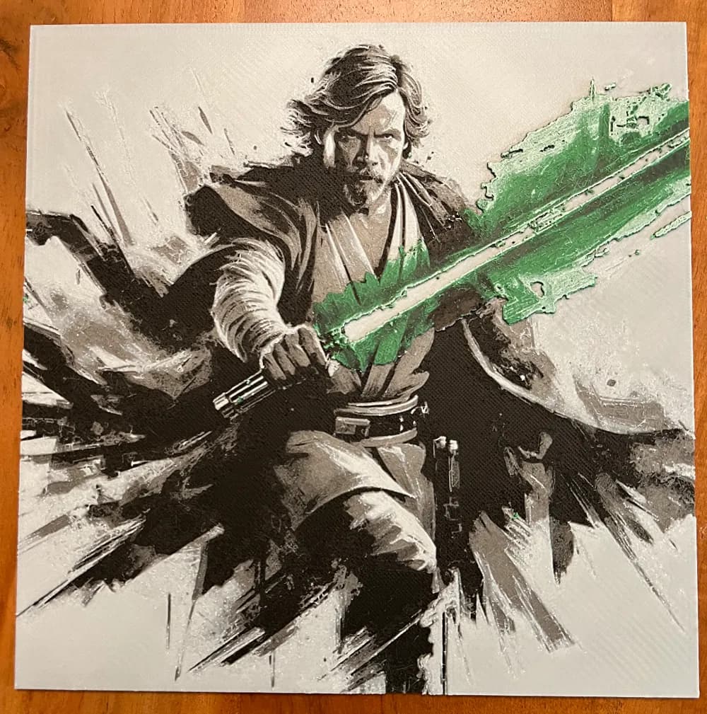 Luke Skywalker with Green Lightsaber by JustBe 3D Printing HueForge model: Luke Skywalker with Green Lightsaber by JustBe 3D Printing
