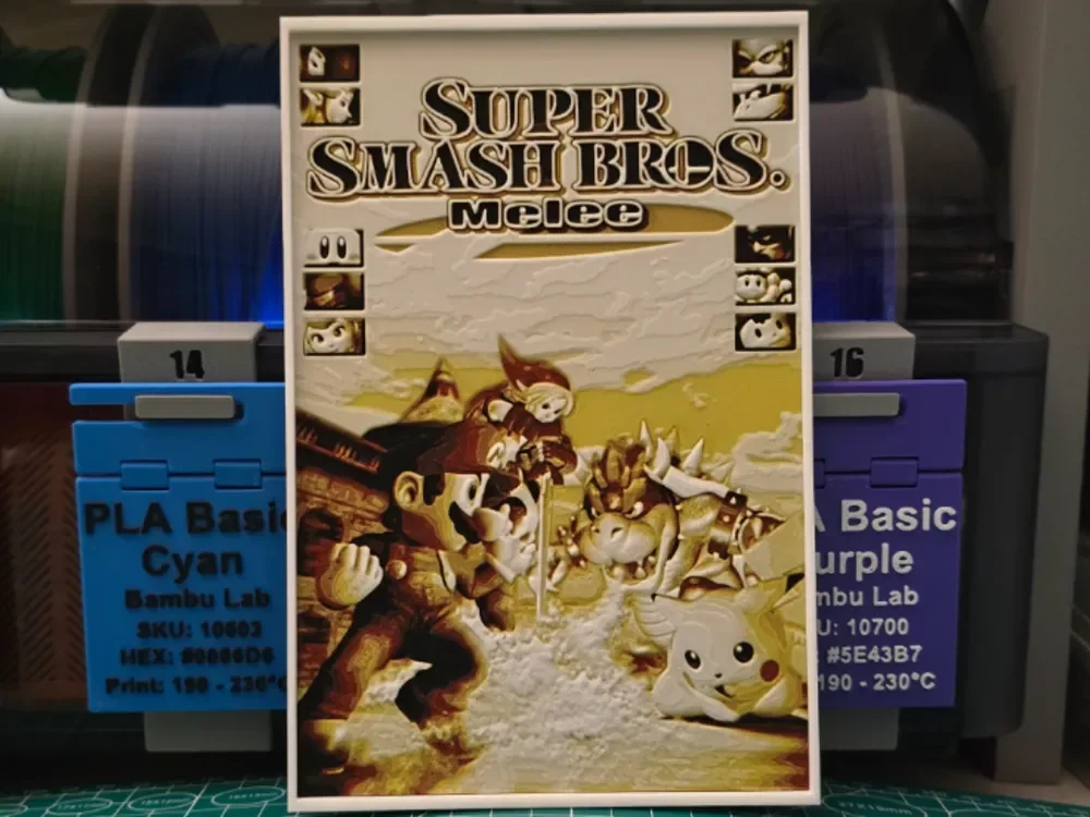 Super Smash Bros. Melee Poster - Hueforge Art by Lumpy3D HueForge model: Super Smash Bros. Melee Poster - Hueforge Art by Lumpy3D