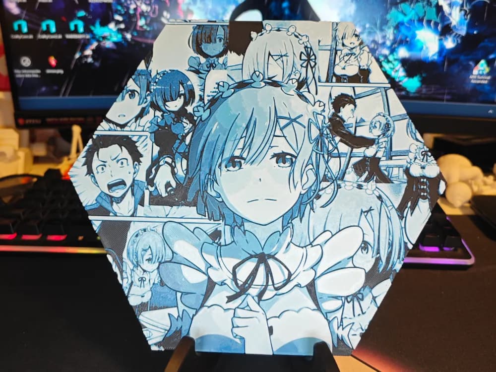 Hueforge Rem (Re:Zero) honeycomb mode by JGz3DMaker HueForge model: Hueforge Rem (Re:Zero) honeycomb mode by JGz3DMaker