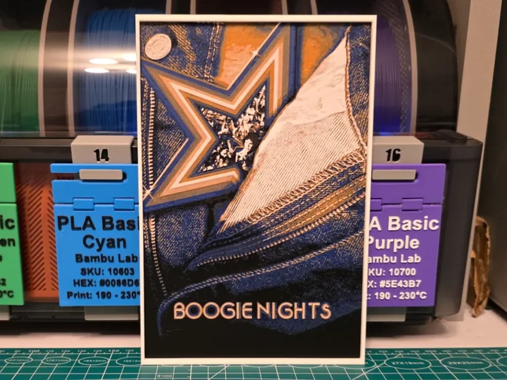 Boogie Nights Movie Poster - Hueforge Art by Lumpy3D HueForge model: Boogie Nights Movie Poster - Hueforge Art by Lumpy3D