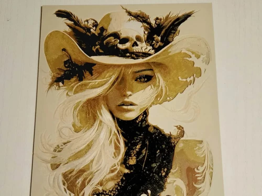 Woman with cowboy hat and skulls by Mano's 3d_Art HueForge model: Woman with cowboy hat and skulls by Mano's 3d_Art