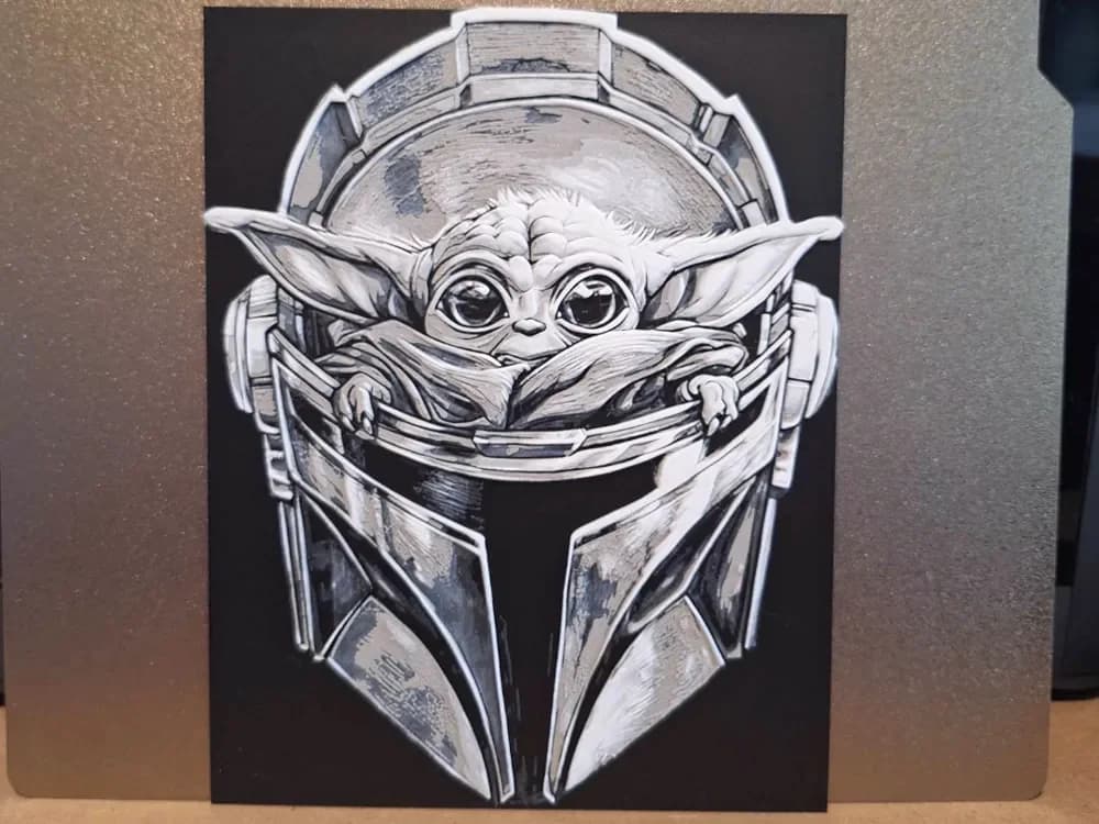 Baby Yoda in a mandalorian helmet - Hueforge by 3dGlow HueForge model: Baby Yoda in a mandalorian helmet - Hueforge by 3dGlow
