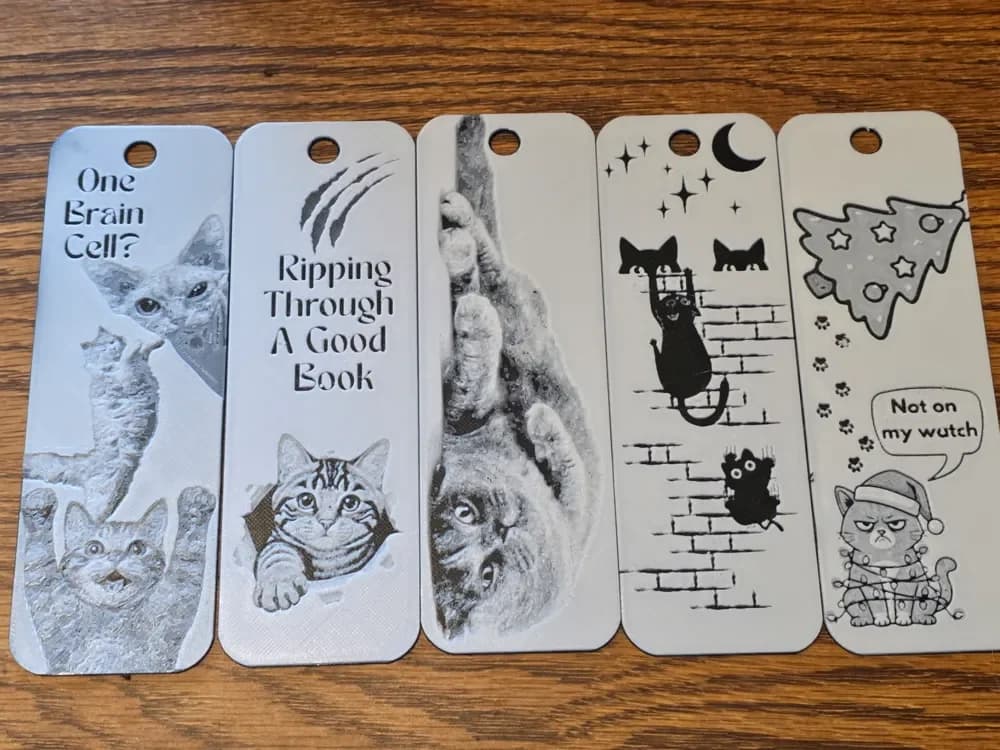 Cat Bookmarks Set of 5 Hueforge No AMS Black/White by AirMechDesigns HueForge model: Cat Bookmarks Set of 5 Hueforge No AMS Black/White by AirMechDesigns
