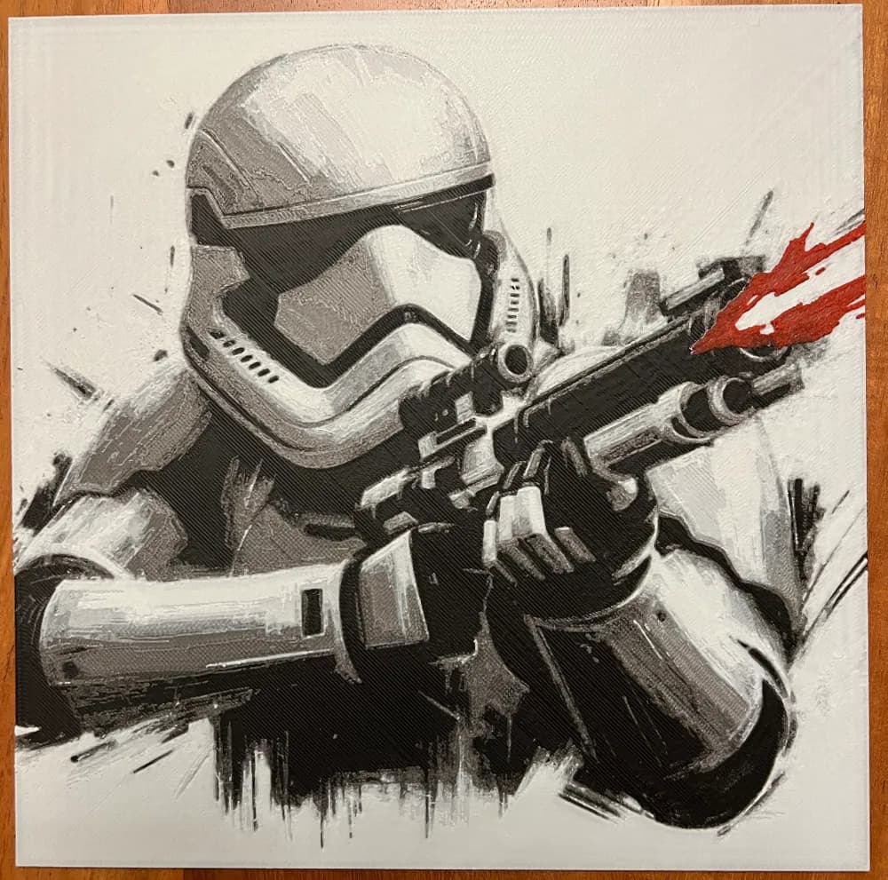 HueForge model: Stormtrooper with Red Blaster Fire by JustBe 3D Printing