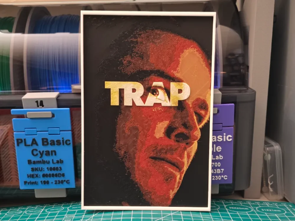 Trap Movie Poster - Hueforge Art by Lumpy3D HueForge model: Trap Movie Poster - Hueforge Art by Lumpy3D