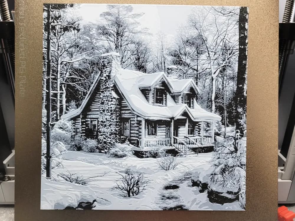Cottage in snowy forest 2 - House Hueforge by Vincent111 HueForge model: Cottage in snowy forest 2 - House Hueforge by Vincent111